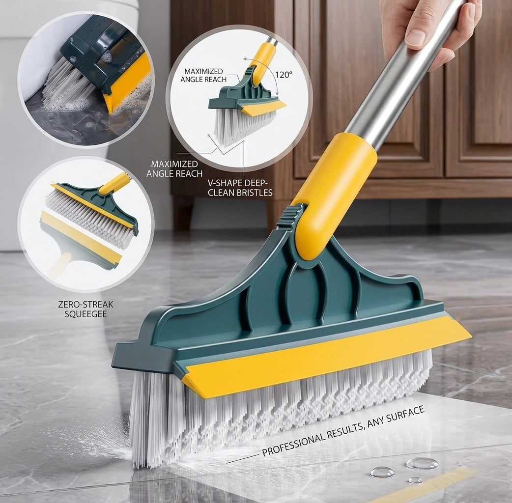 2-in-1 Floor Scrub Brush with Long Handle & Squeegee – Tile, Kitchen & Bathroom Cleaner